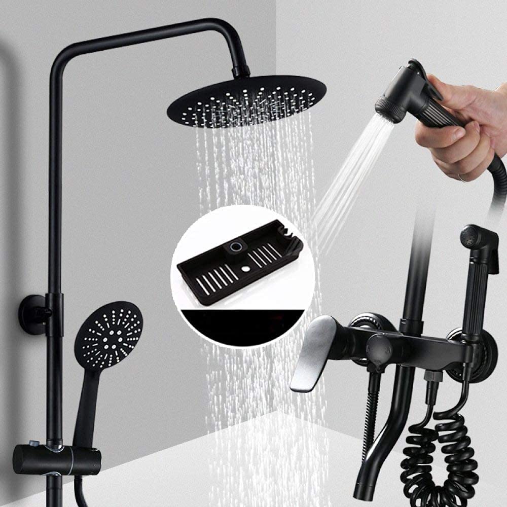 Système de douche noir mural avec mitigeur 3 voies bidet et étagère