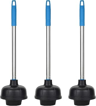 SteadMax Rubber Toilet Plunger, Double Thrust Force Cup, Heavy Duty, Commercial Grade with 15 Inches Blue Stainless Steel Handle, Bathroom and Kitchen Sink Plunger 3 Pack, Blue