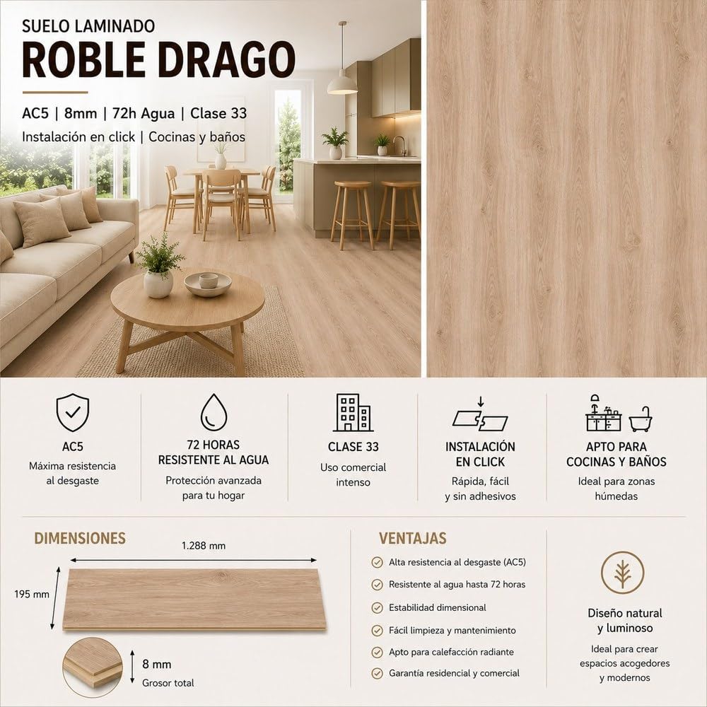 Pavimentos Arquiservi - Tarima Flotante AC5 8mm (1.90 m²) | Click | Resistente Agua | Suelo Laminado (Roble Drago)