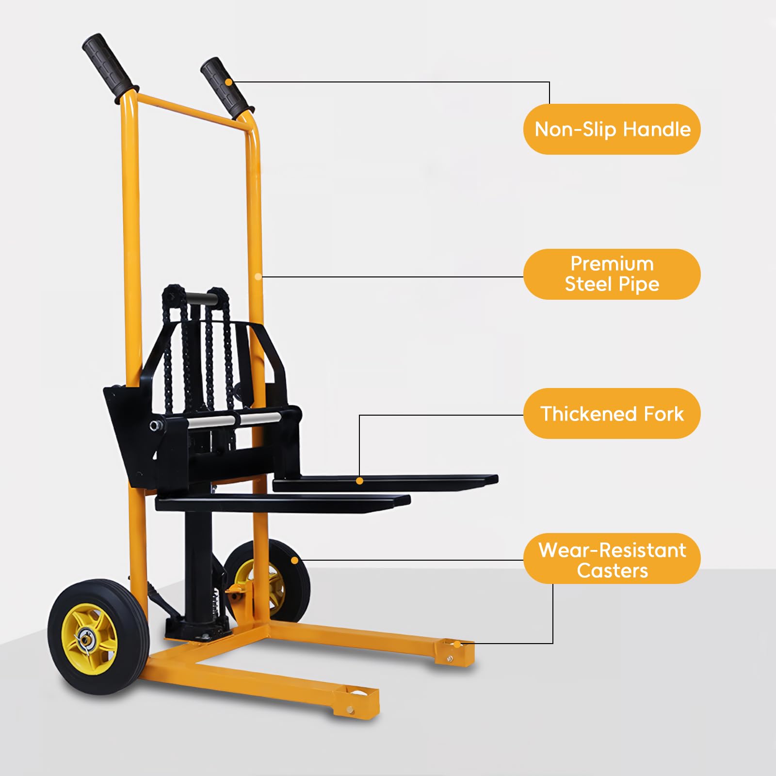 Material Stapler, Palettenwagen, Hubtisch, Manueller Gabelstapler, Gabelheber mit festen Beinen und verstellbaren Gabeln, 200 kg Kapazität, 90 cm maximale Hubkraft (Fußpedal)