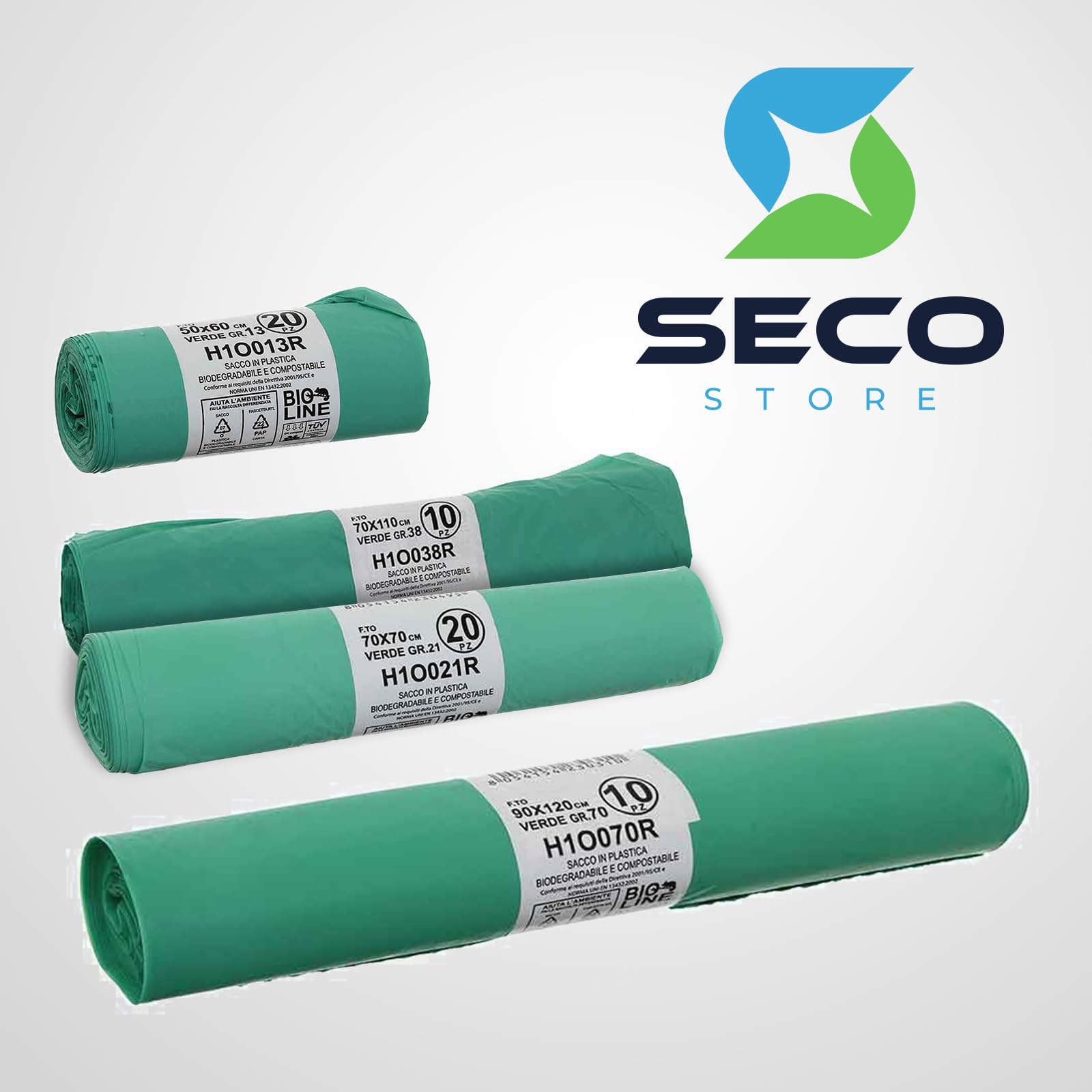 SECOSTORE Busta Spazzatura Organico 90x120 cm, 100 Sacchi in Plastica Compostabile, Spessore 25 micron, Litri 70 | 10 Rotoli da 10