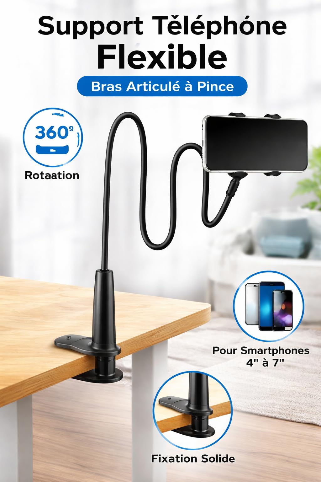 Support Téléphone pour Lit avec Bras Flexible à Col de Cygne – Support Smartphone Rotation 360° Réglable – Compatible iPhone 7 8 X XS 11 12 13 14 15 16 17 Pro Samsung Huawei Honor – 4 à 6,5 Pouces