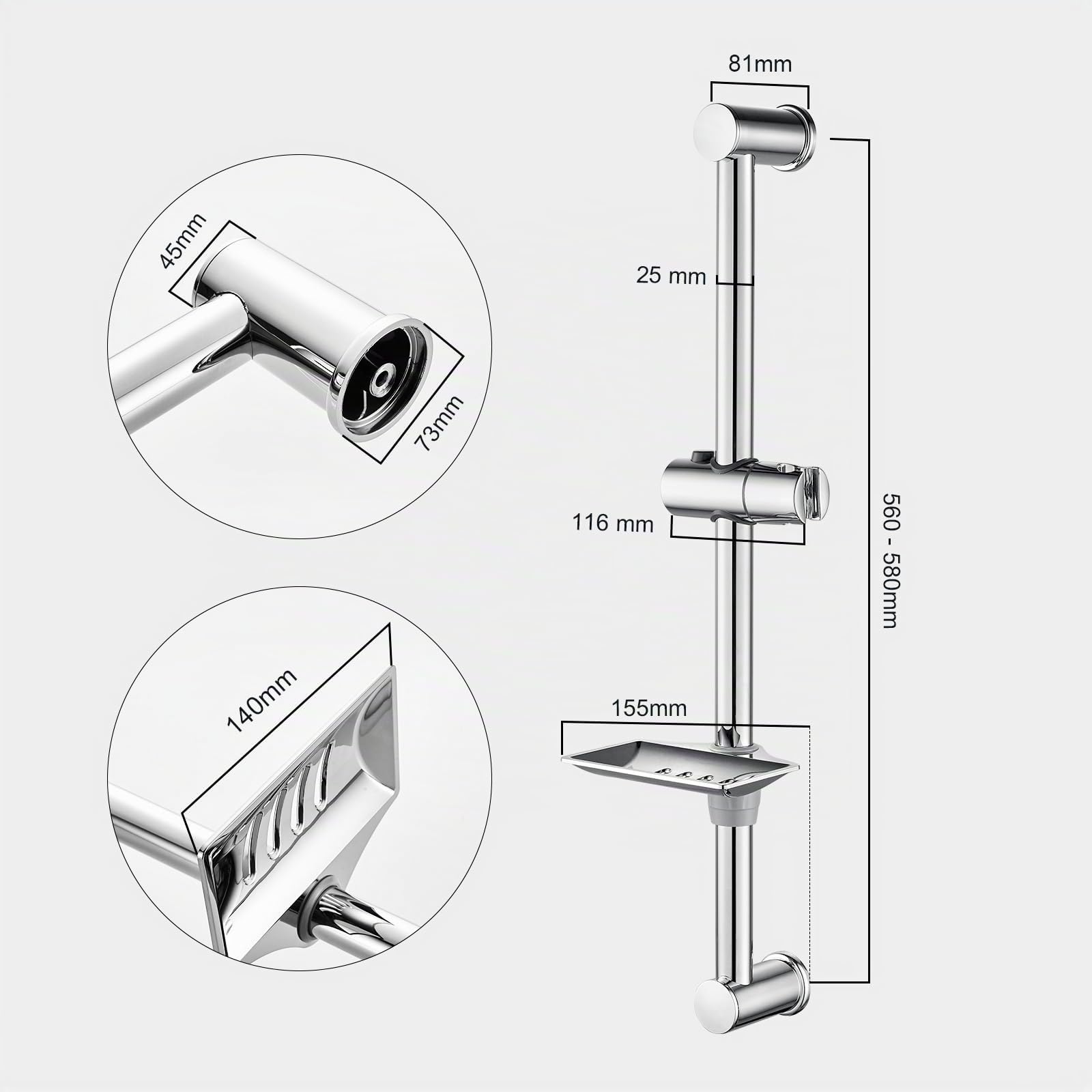 Ibergrif M20802 Barra de Ducha, 56-58cm Barra Ducha Pared con Jabonera y Soporte Ajustable para Cabezal de Ducha, Acero Inoxidable, Universal, Plata