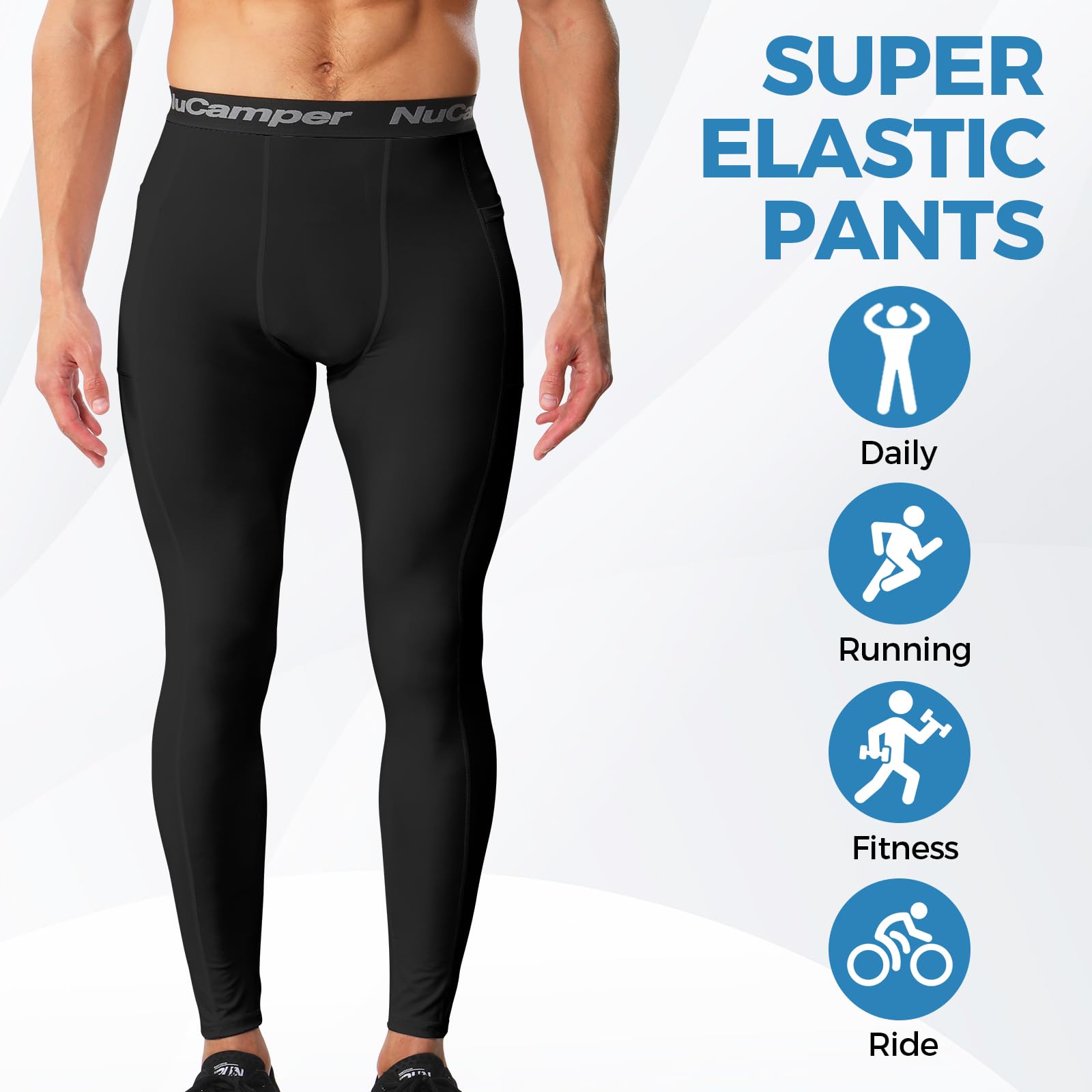 NuCamper Spodnie Kompresyjne Męskie z Kieszeniami, Sportowe Legginsy, Długie Spodnie do Biegania, Oddychające, Szybkoschnące, Warstwa Bazowa Spodnie do Biegania, Treningu, Sportu, Jogi, Koszykówki