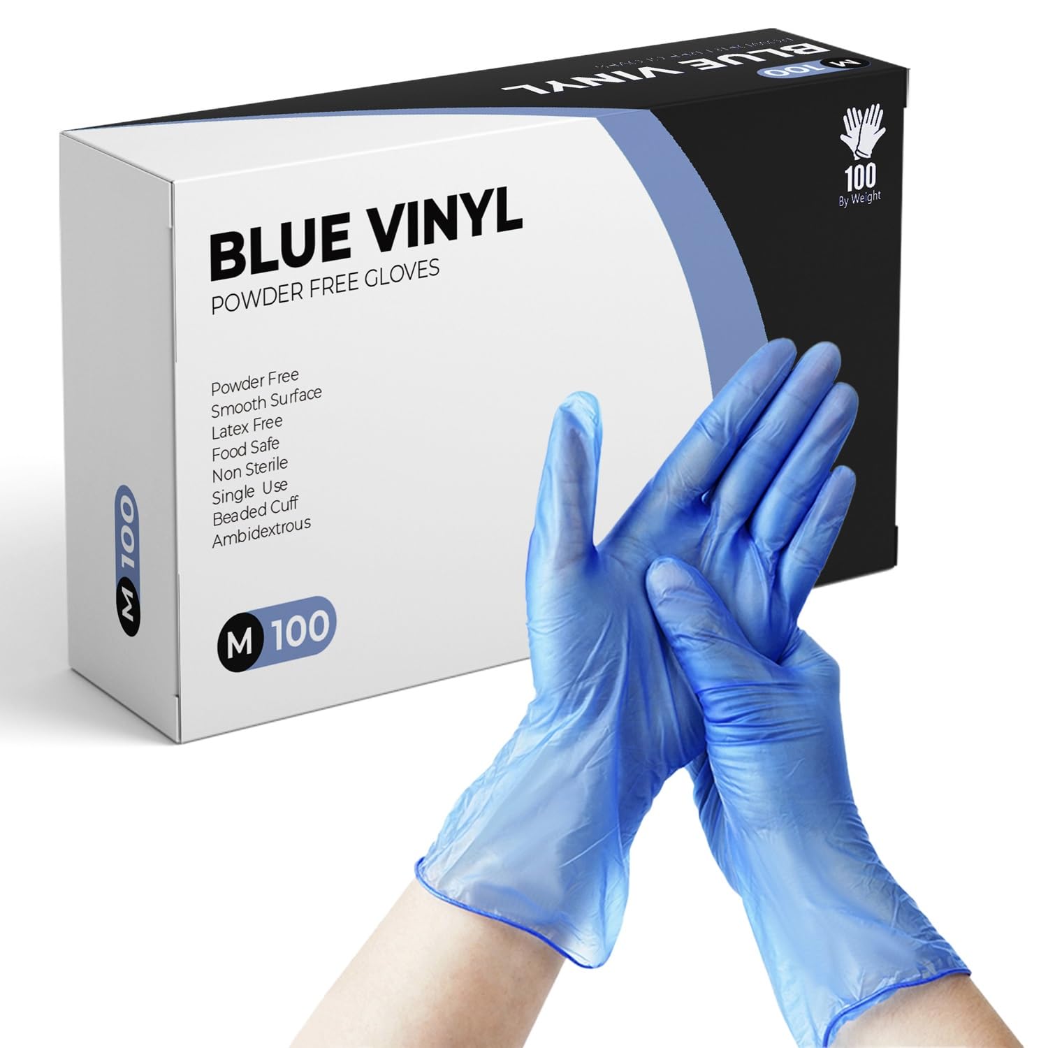 Disposable Gloves, Size M, Pack of 100, Blue Vinyl Gloves, Powder Free, Latex Free, Comfortable Fit, Suitable for Food Handling, Cleaning, Hairdressing & Multi-Purpose Use