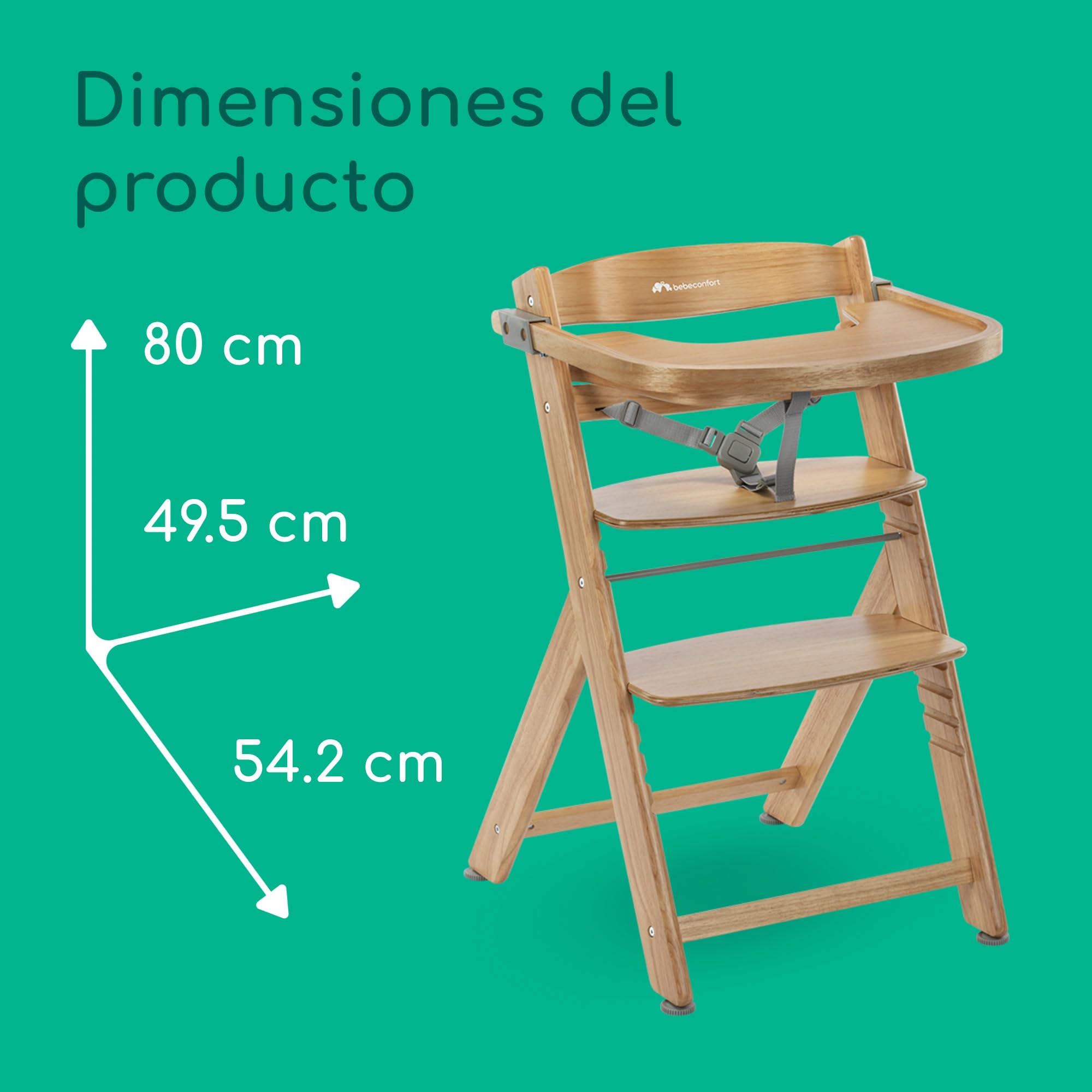 Bebeconfort Timba 2 Trona Evolutiva Bebé Madera, +6 Meses, Hasta 110 kg, Silla Trona Bebé Comedor Ergonómica, Apta para Mayoría de Mesas, Bandeja Extraíble, Asiento/Reposapiés Regulables, Natural Wood