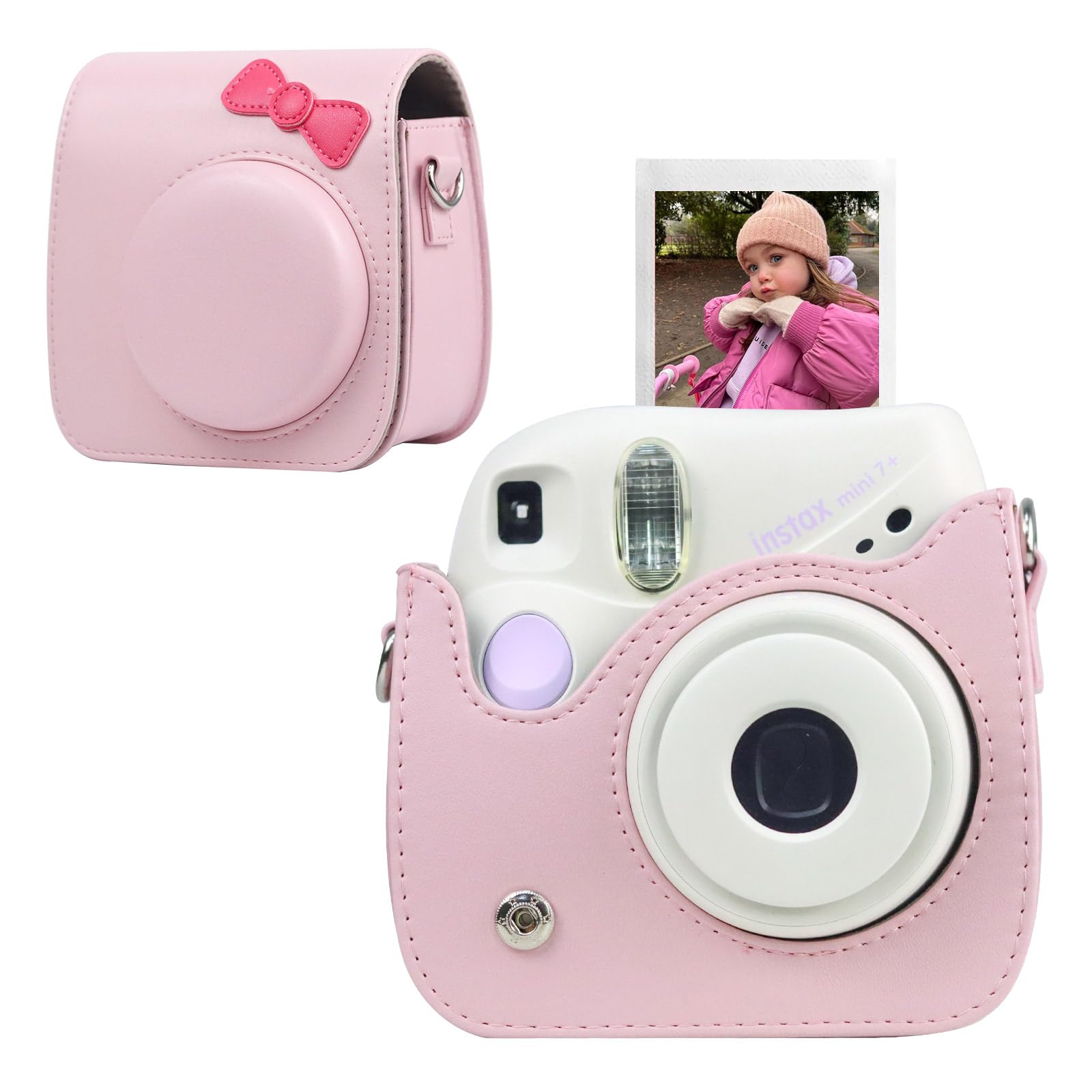 CAIYOULE Camera Case for Fujifilm Instax Mini SE/7+/7s/7c Instant Film Camera Protective Bag with Adjustable Shoulder Straps，No Camera，Pink bow tie