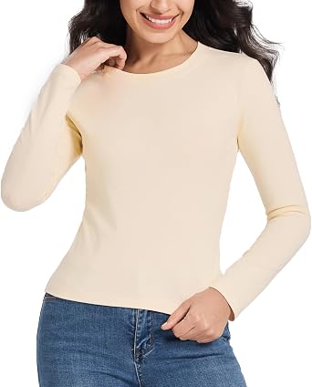 Long Sleeve Cotton Shirts for Women Solid Color Casual Bodysuit Basic Crewneck Tee 2025 Fall Slim Fit Going Out Tops