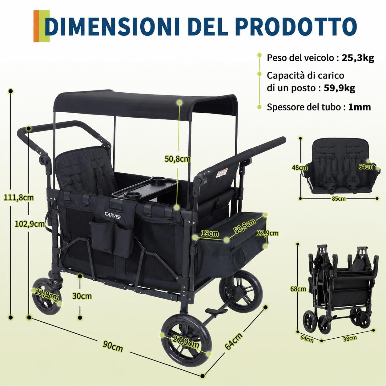 Passeggino a 4 Posti Per Bambini Pieghevole Tutto Terreno, Cappottina Regolabile, Maniglia Push & Pull, Vassoio Merenda, Imbracatura 5 Punti Di Sicurezza, Ruote Girevoli e Fisse, Spazio Ampio