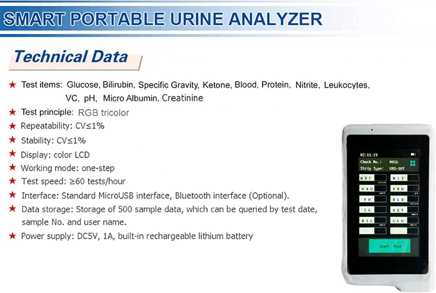 Urin-Analysegerät, 10,2 cm Farbbildschirm, Bluetooth, Heim-Urintestanalysegerät mit pH-Testpapier, USB-Ladegerät, 14 Routine-Urinanalysen und Testinstrumente