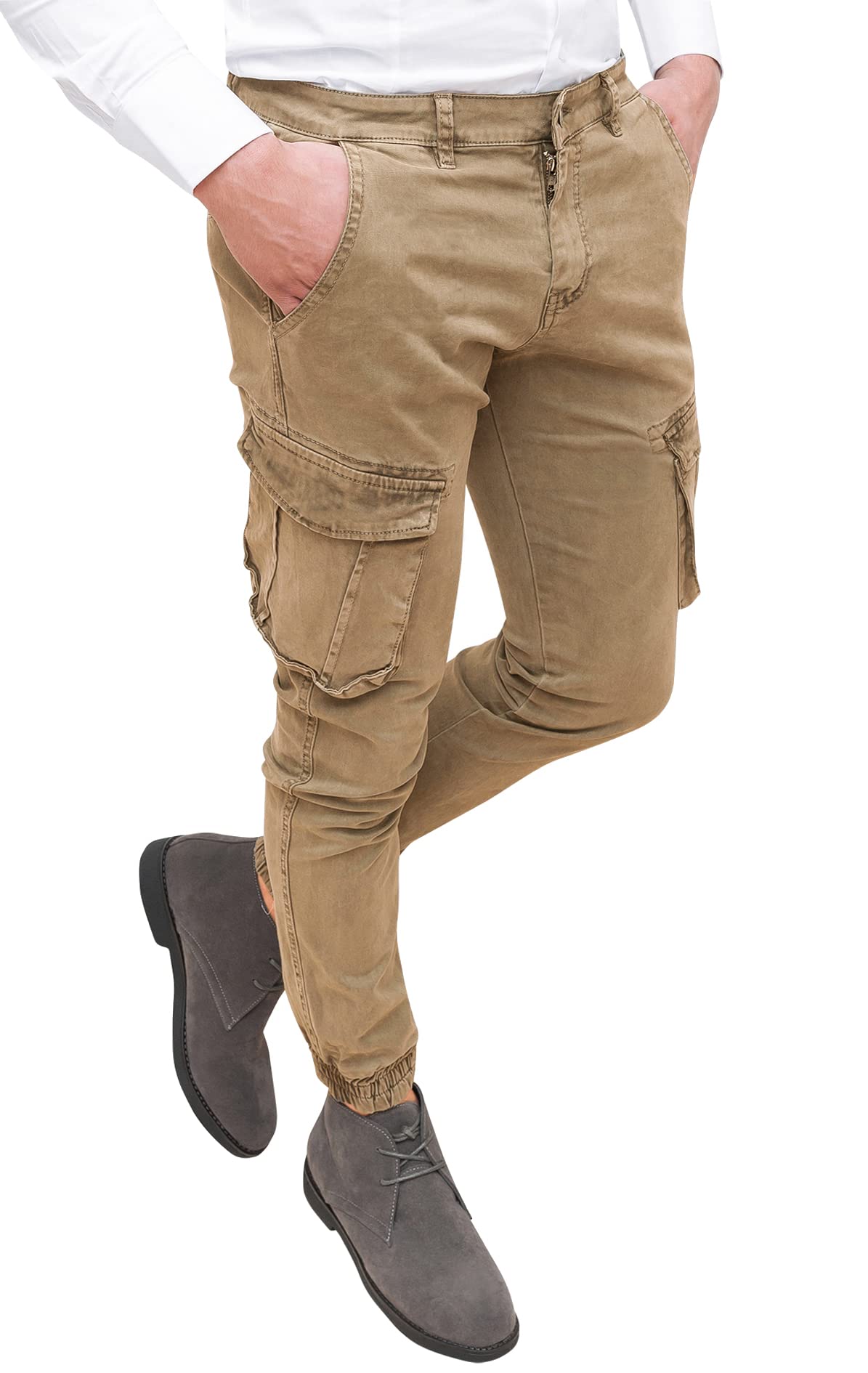 Evoga Pantaloni Uomo Cargo in Cotone con tasconi Laterali Slim Fit Chino Jeans
