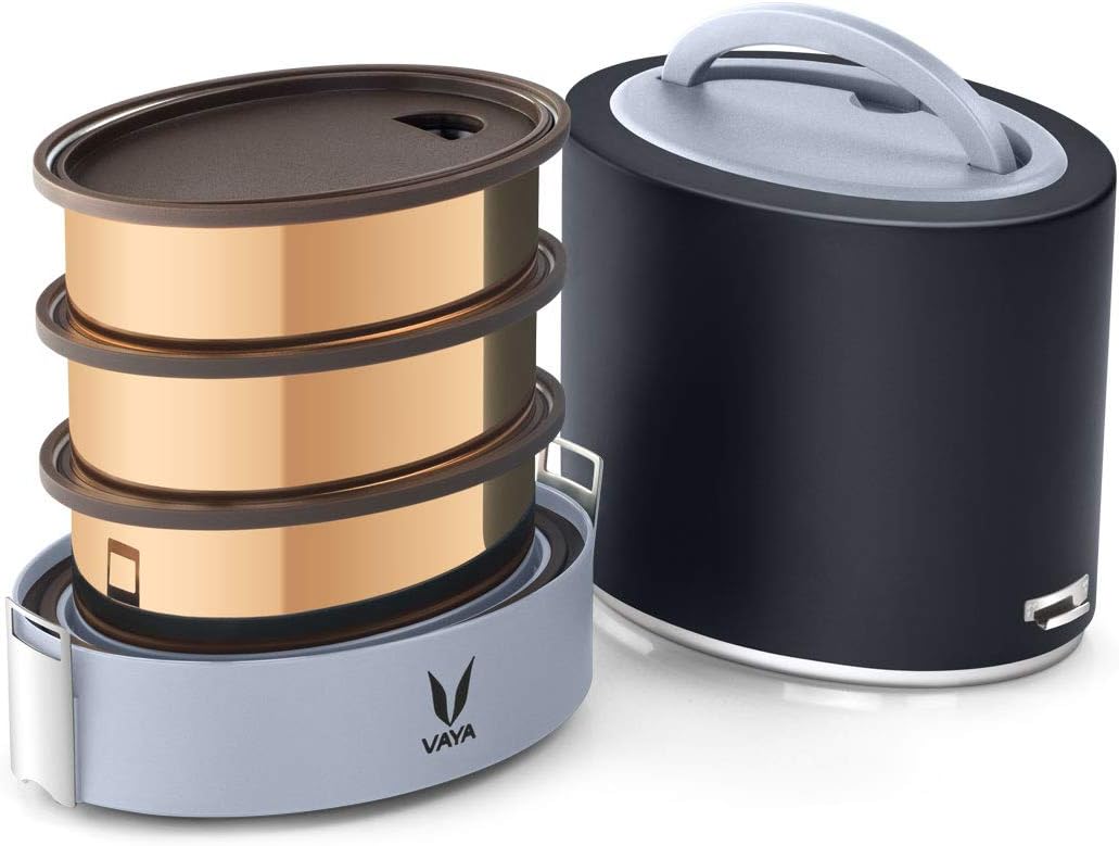 Vaya Tyffyn Copper-Finished Stainless Steel Lunch Box without Bagmat, 1000 ml, 3 Containers, Black