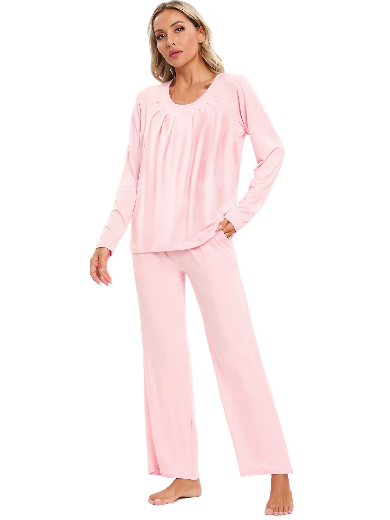 Famulily Bequemer Pyjama für Frauen Lounge Wear Sets Lange Hosen mit Plissee Nachthemd Nachtwäsche mit Taschen S-XXL