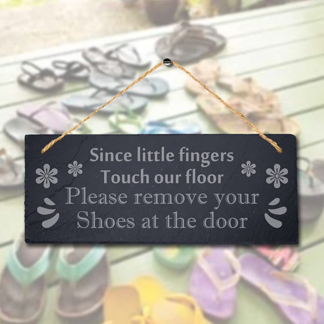 Stukk Since Little Fingers Touch Our Floor Laser Hanging Sign, Natural Engraved Slate Stone Plaque, 30x12cm