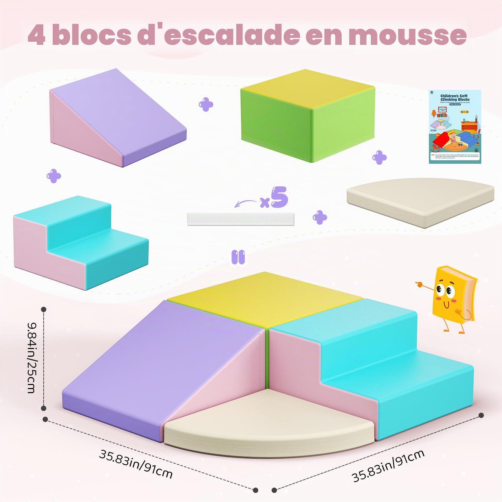 Lot de 4 blocs d'escalade en mousse - Couleurs macaron - Jouet souple - Blocs de construction combinables avec fermeture - Jouet éducatif sûr pour enfants - Intérieur et crèche