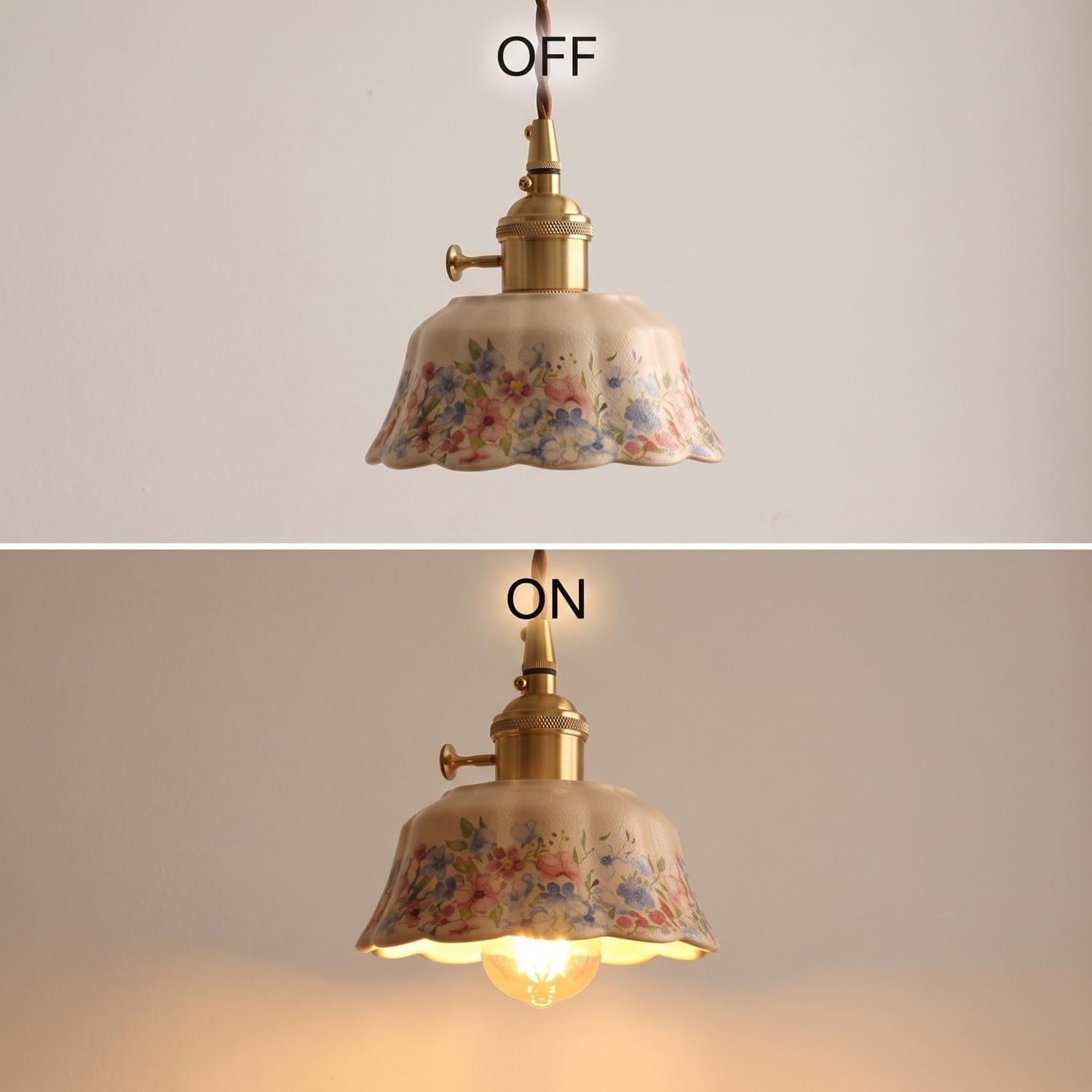 Lampada a sospensione in ceramica stile francese, con motivo floreale, smalto crema e cavo regolabile in ottone, ideale per camera da letto, cucina e sala da pranzo.