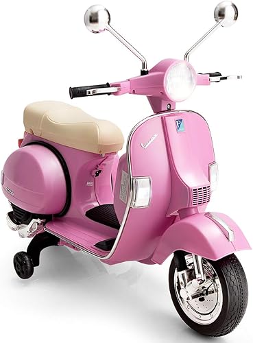 Costzon Scooter Vespa para niños motocicleta recargable de 6 V con ruedas de entrenamiento interruptor de llave luces de bocina de música Azul, Rosa