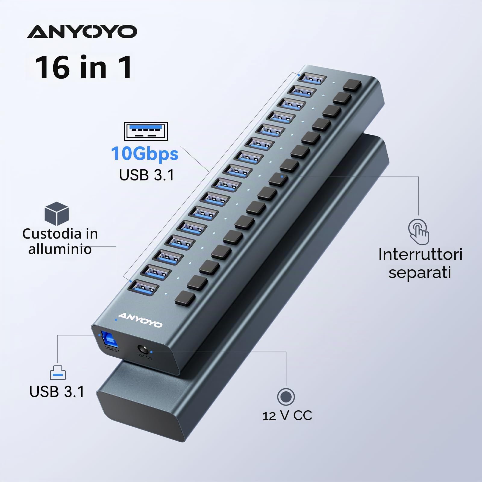 Hub USB Alimentato 90W (12V/7.5A) - Multiport USB 3.1 con 16 porte A 10Gbps,ANYOYO multipresa usb per Laptop e PC,Dispositivi di Archiviazione- Alluminio