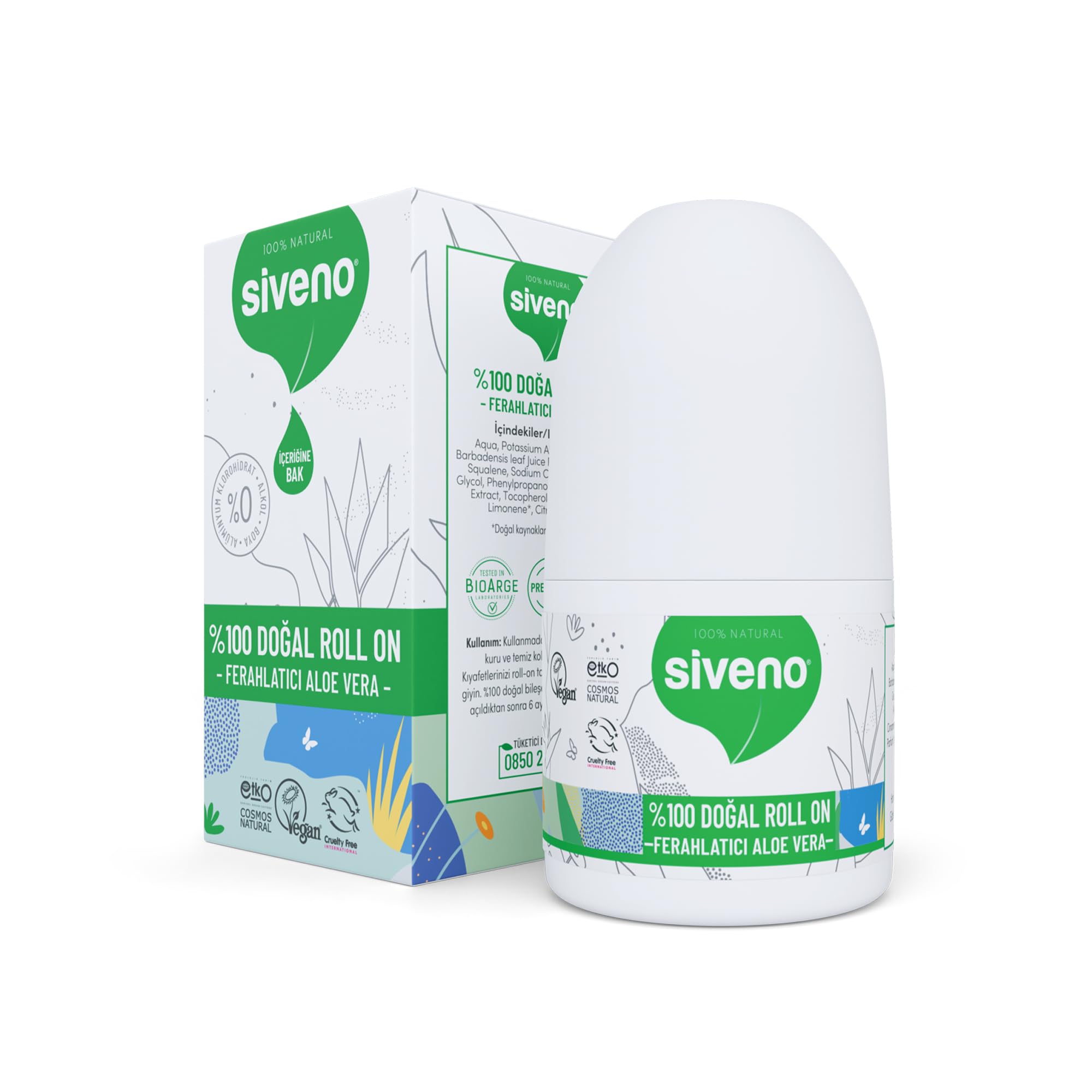 Siveno %100 Doğal Roll-On Aloe Vera Deodorant Ter Kokusu Önleyici Bitkisel Lekesiz Vegan 50 ml