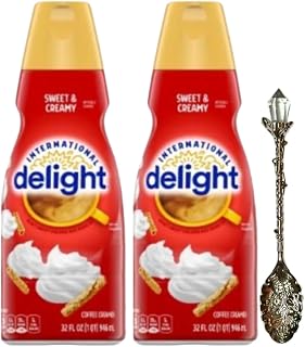Candy Freezer International-Delight Liquid Coffee Creamer.- Two (2) 32 fl oz Bottles of Creamy Smooth Delightful Coffee Creamer and Gem Spoon (Sweet & Creamy) Gem Spoon