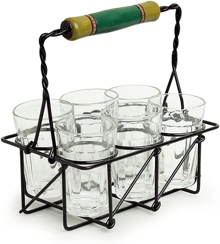 ExclusiveLane 'The Railway Nostalgia' Tea Glasses with Iron Holder (Set of 6, Each Tea Glass :- 4.1 oz) | Tea Cups Set of 6 Indian Style Wine Glass Tea Cups Indian Style Cutting Chai Glasses Set