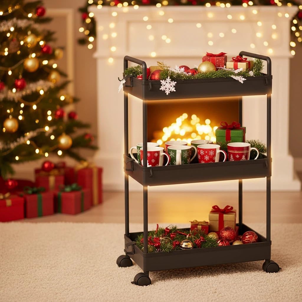 Ronlap 3 Tier Slim Rolling Storage Cart with Wheels Plastic Utility Cart Organizer for Snack Craft Art Postpartum Baby Diaper Nail Makeup in Bathroom Laundry Room Kitchen Bedside Narrow Space, Black