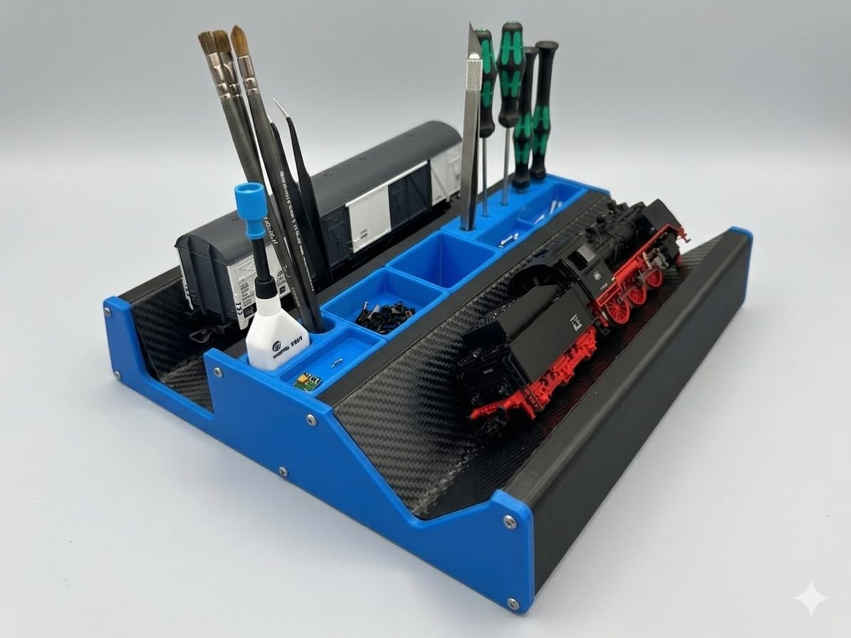 Estación de mantenimiento locomotora Ho 1:87 – Soporte Taller para modelismo ferroviario – Bandeja de trabajo con almacenamientos – Fabricación francesa