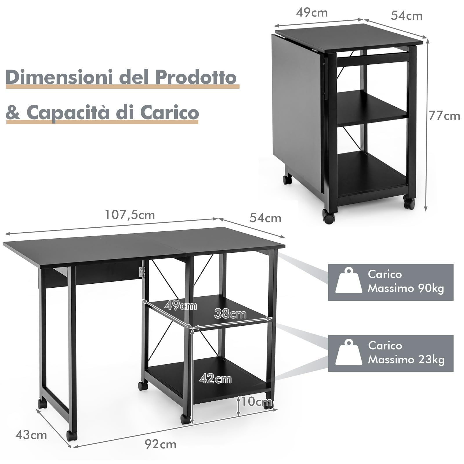 COSTWAY Scrivania Pieghevole per Computer, Scrivania Moderna con 2 Mensole, Postazione di Lavoro per PC con 6 Ruote, Scrivania Compatta Salva Spazio per Casa Ufficio, Marrone (Nero)