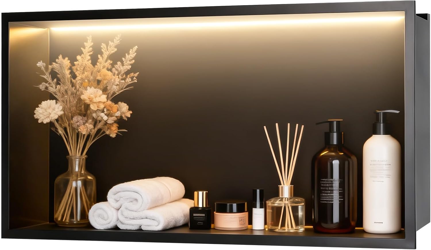 WICHEMI Stainless Steel Shower Niche 24" X 12", No Tile Needed Wall Niche with LED Light, Recessed Shower Shelf for Bathroom Storage Over Mount Installation, Matte Black Warm White 24" X 12"