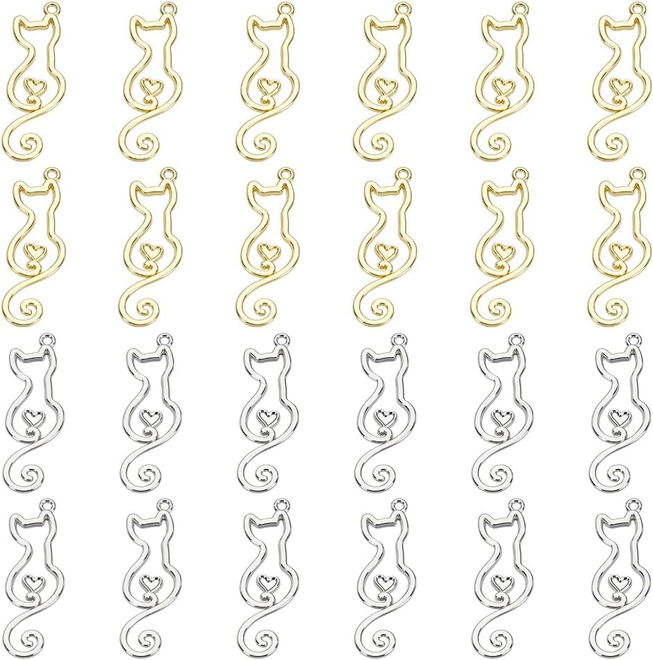 FINGERINSPIRE 24 PCS Cat Charm Pendants Hollow Cat Shape Charms 0.45x1.33inch Alloy Kitty Pendants for Jewelry Making in Platinum & Gold Color DIY Necklace Bracelet Earrings Charms with Storage Box