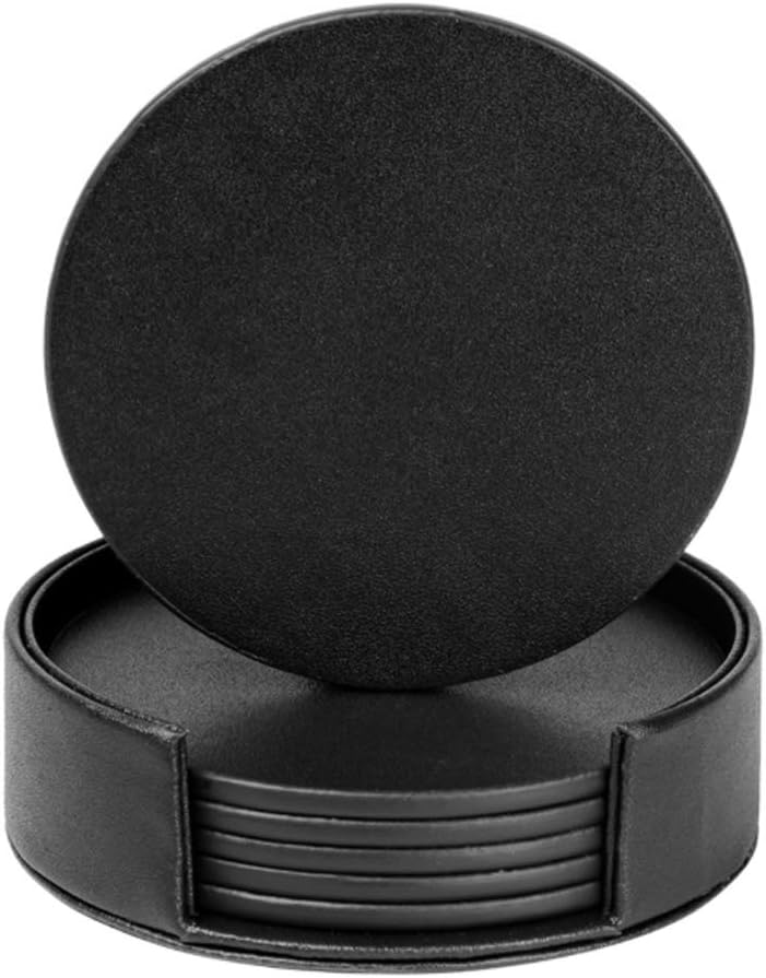 Drink Coasters Set of 6 Leather CoastersSpill Protection for Table Desk Durable and Non Slip Leather Coaster Fit Common Size Drinking Glass Coffee Cup Tea Cup Mug (Round Black)