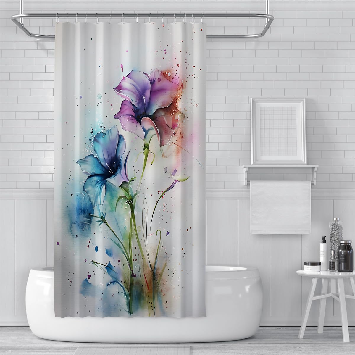 Rideau Douche Artistique en Fleur lys avec Crochets, décoration Salle Bain Aquarelle en Fleur Bleu Sarcelle Violette vibrante, Rideau Bain en Tissu botanique Abstrait Moderne W220xL180 cm