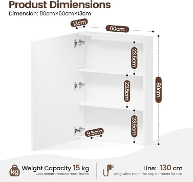Bathroom Mirror Cabinet 600 x 800 mm with LED Lights, Touch Control, 3 Colour Dimmable Illuminated Mirror, Demister Pad & Shaver Socket