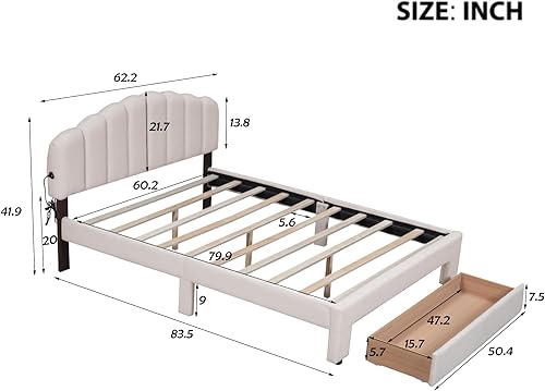 Miniatura 8 de DEINPPA Base de cama tapizada tamaño Queen con cabecera ajustable de flores elegantes, cama de plataforma de terciopelo con soporte de listones de