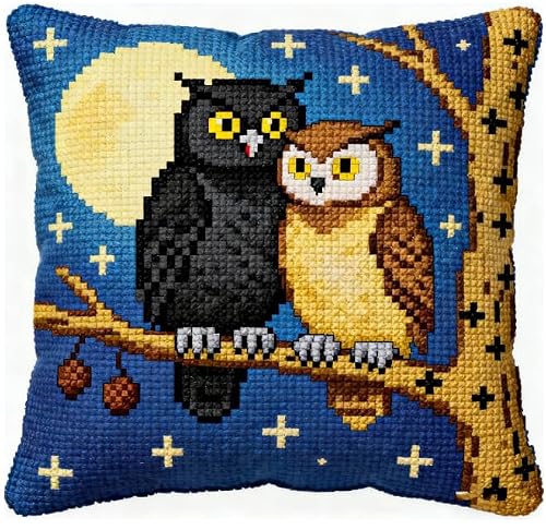 FanZheZhe Stamped Cross Stitch Pillow Kits 45X45Cm Embroidery Pillowcase Moon Owl 11Ct Counted Needlepoint Handmade Cushion Cover Cross Stitch Cushion Cover Embroidery Kit Pillow Cases