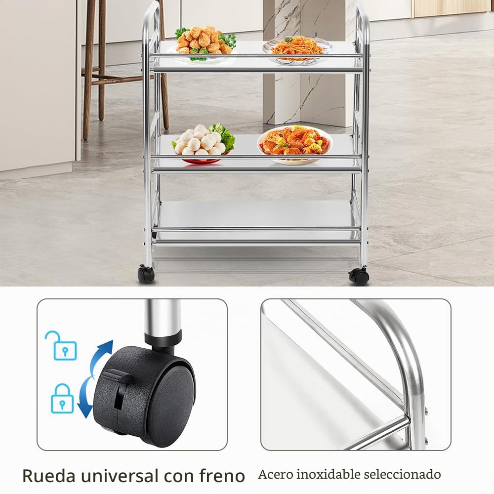 homewell Carro de servicio de acero inoxidable, con 3 niveles, capacidad de 75 kg, carrito de acero inoxidable, con ruedas, carrito de cocina, restaurante, hotel, carrito de servicio