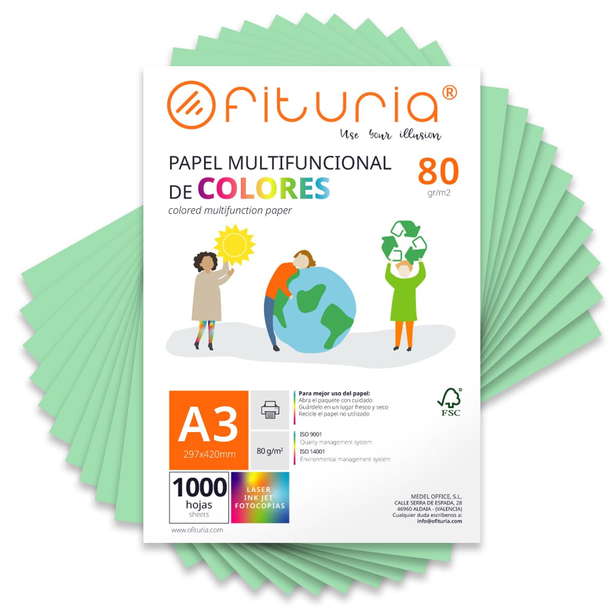 Coloured Sheets, Pack 1000 Sheets A3 80 g – Coloured Paper for Crafts, Printer, Scrapbooking – Colours – Ideal Origami, Papiroflexia, Office and School (Light Green, 1000h)