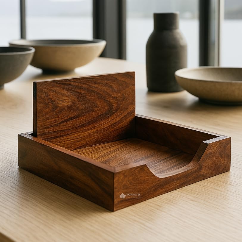 Image of Wooden Tissue Box| Rosewood Napkin Box| Tissue Holder Organizer for Table, Home, Office, Car| Rectangular Facial Paper Cloth Storage Case| Dispenser (7.5X7.5 Inches, Vana Rosewood Tissue Box)