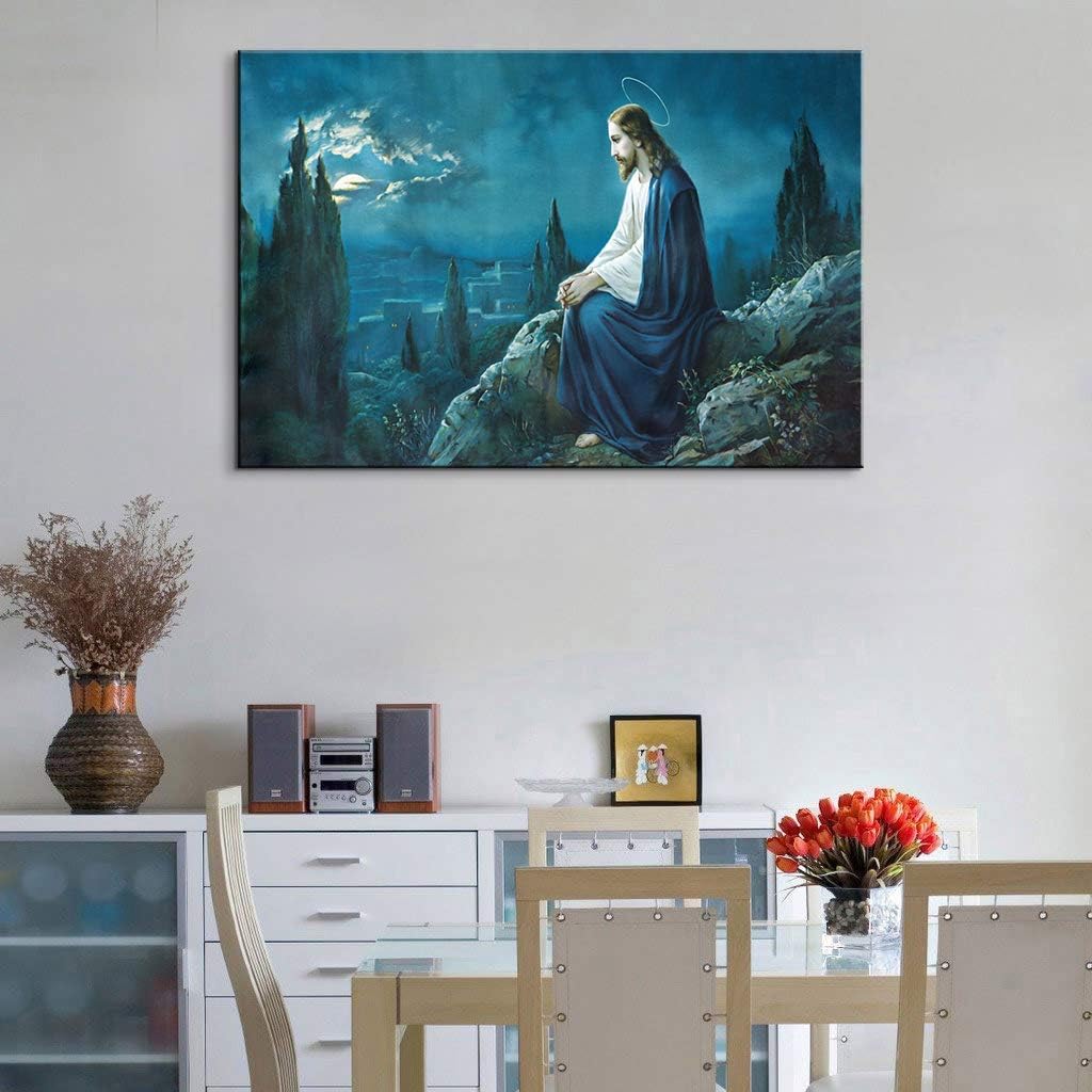 YOUHONG Modern Jesus Christ Wall Art The Prayer of Jesus in The Gethsemane Garden Canvas Art Decor Christian Framed Wall Art Ready to Hang for Living Room Decor (12''H x 18''W)