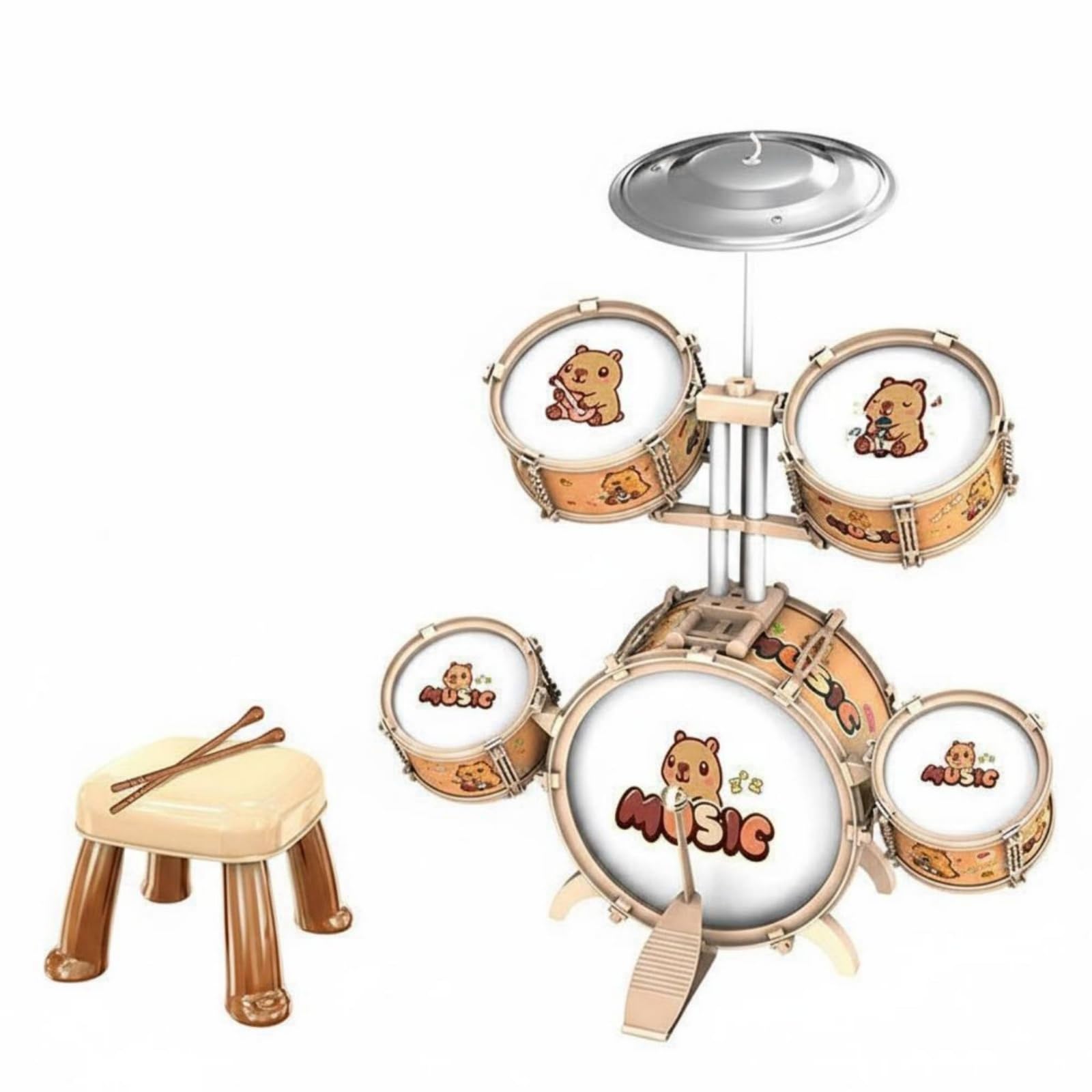 Batería Infantil Musical Conjunto de Tambores para Niños Kit de Percusión Juguete Educativo con Platillo y Asiento Ayuda al y la Melodía con , Capybara