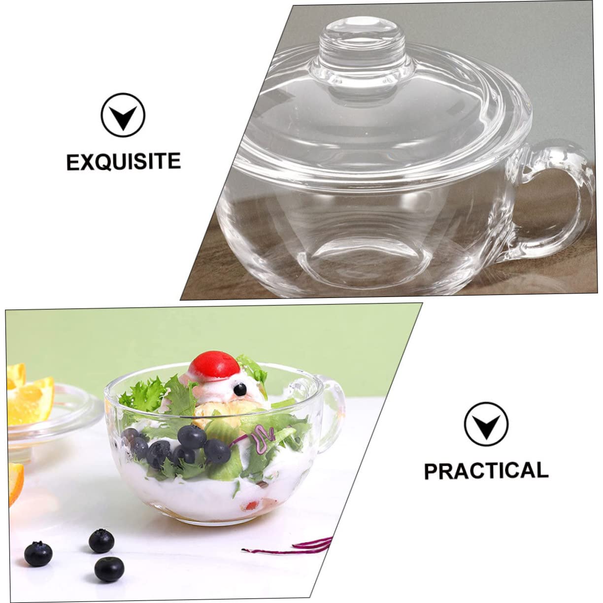 Cuenco de Desayuno de Vidrio con Tapa y Asa, 450ml, Transparente, para Yogur, Sopa y Cereales en Cocina y Restaurante