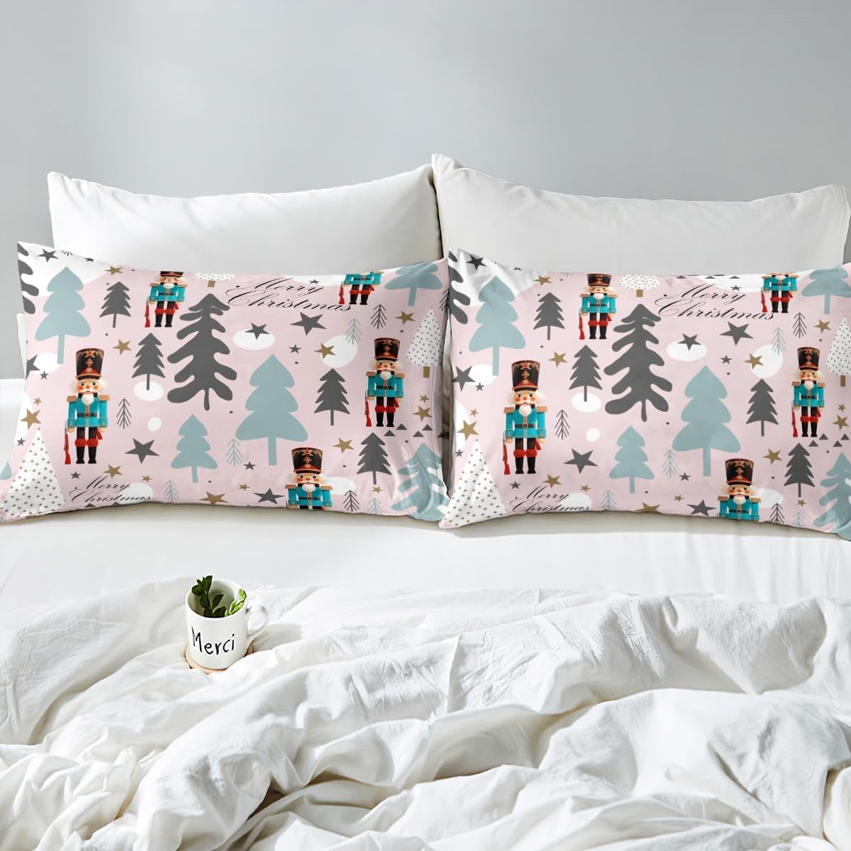 Nutcracker Duvet Cover Set Toddler Size Abstract Christmas Tree Bedding Set for Kids Girls Boys Teens Merry Christmas Comforter Cover Cute Star Print Quilt Cover,1 Pillowcase(No Comforter)