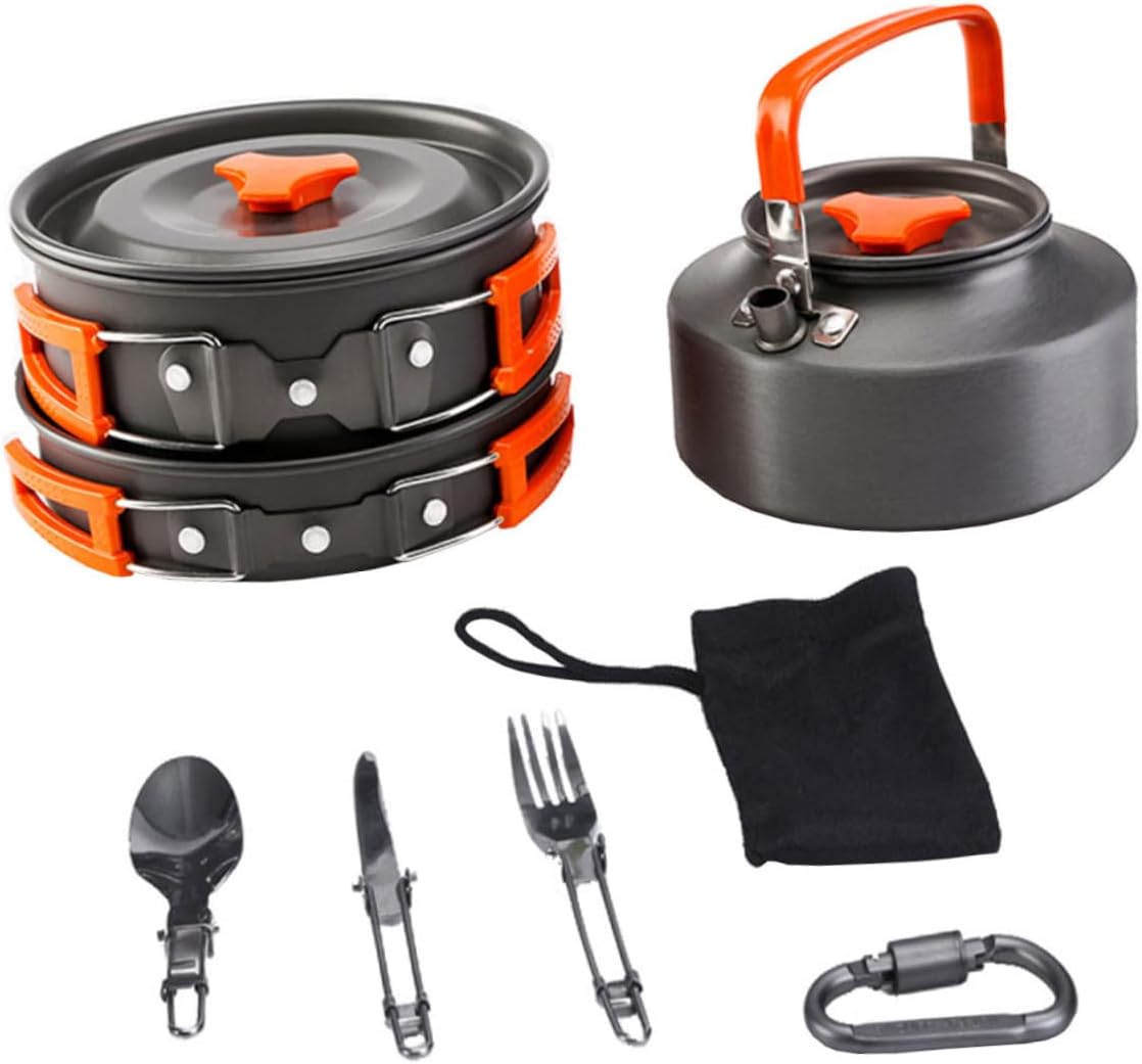 HANABASS 1Set Portable Camping Cookware Person Outdoor Cooking Supplies Durable Pot and Teapot for Camping Hiking Bbq Orange