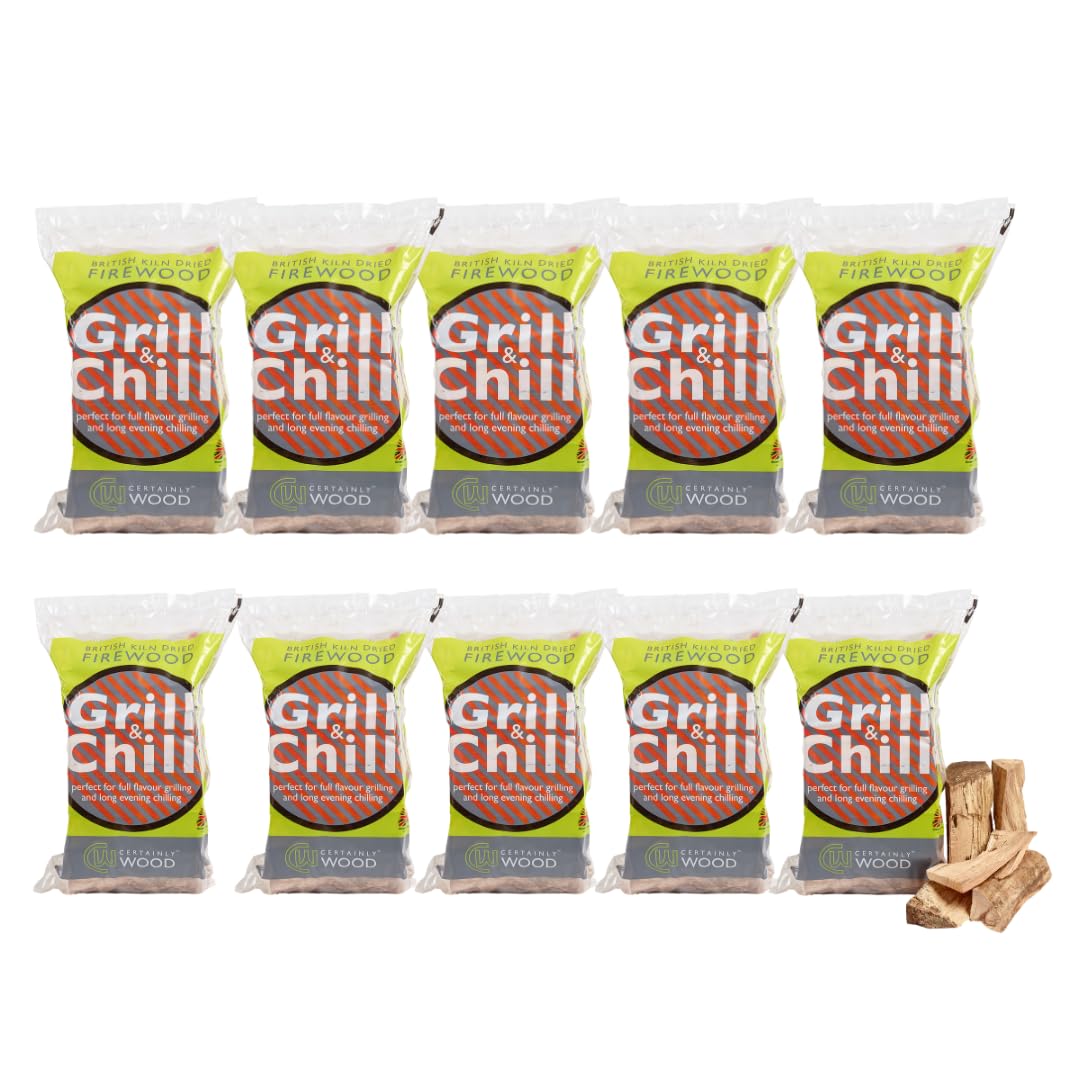 Certainly Wood Grill N Chill - Thin Hardwood Logs, 10kg, for Pizza Ovens and BBQs, British Kiln Dried Firewood (10 Bags)