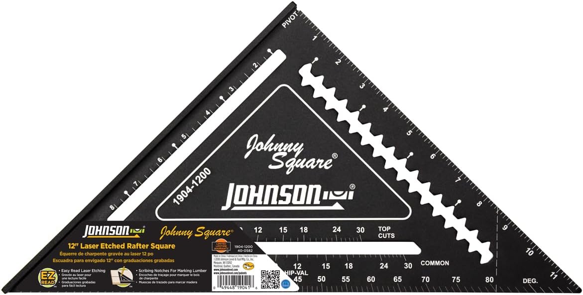 Johnson Level & Tool 1904-1200 Johnny Square Professional Easy-Read Aluminum Rafter Square, 12", Black, 1 Square