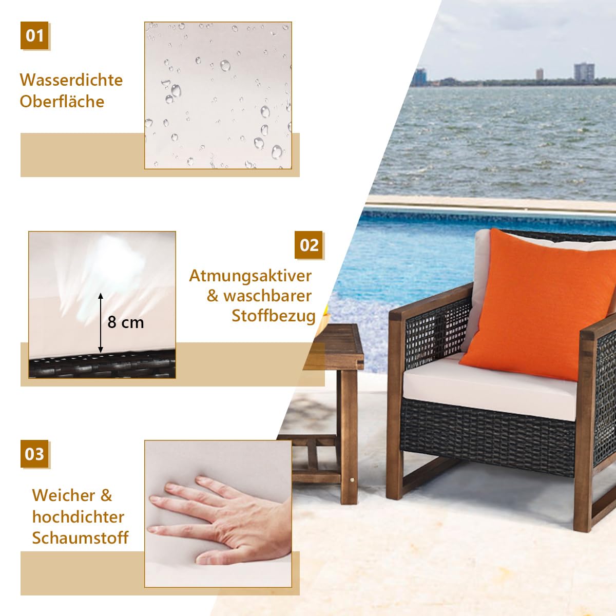 Giantex Rattan Gartenmöbel Set 3 teilig, Balkonmöbel Set 2 Personen, Gartensitzgruppe Lounge Set 2 Sessel mit Holztisch, Gartengarnitur Sitzgruppe Gartenlounge Set inkl. waschbarer Kissen