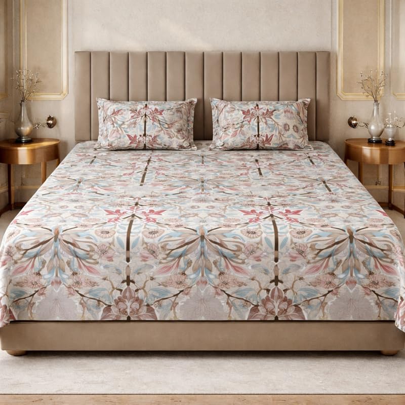 Image of THEA King Elastic Fitted Double Bedsheet Set| 180 TC Cloud Soft Cotton Touch| 1 King Elastic Double Bedsheet for King Size Bed (72 X 78 x 10 inches) with 2 Pillow Covers,Blush Symphony