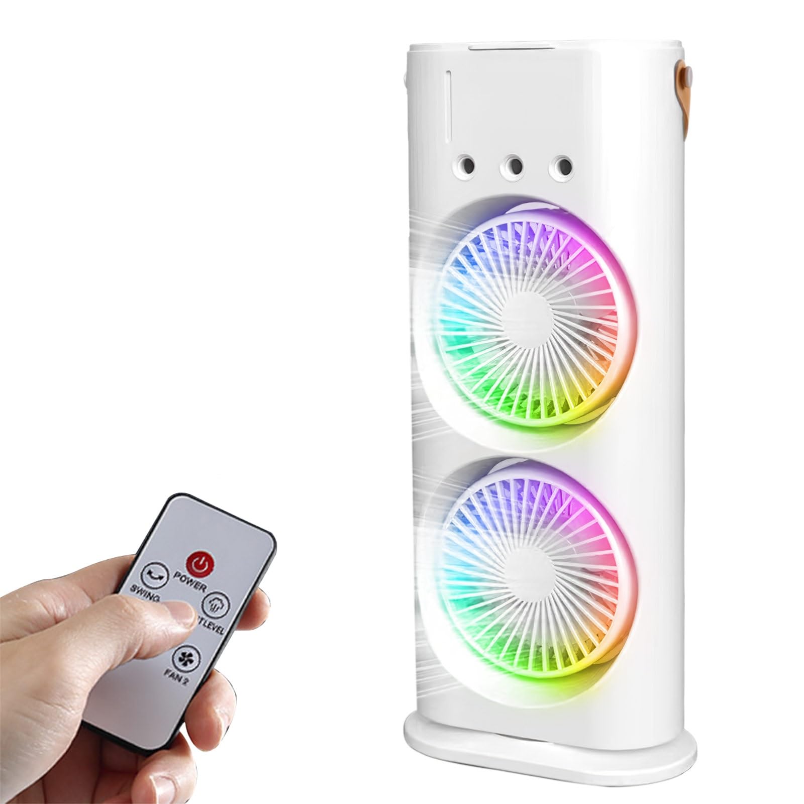 Kouamor 37cm Desk Fan, Dual Fans, LED Table Fan, Portable USB Tower Fan with Handle, Desktop Cooling Fans with Remote, 3 Speeds & Sprays, 600ml Water Tank, 7 Colors Light, for Office Room Home Travel