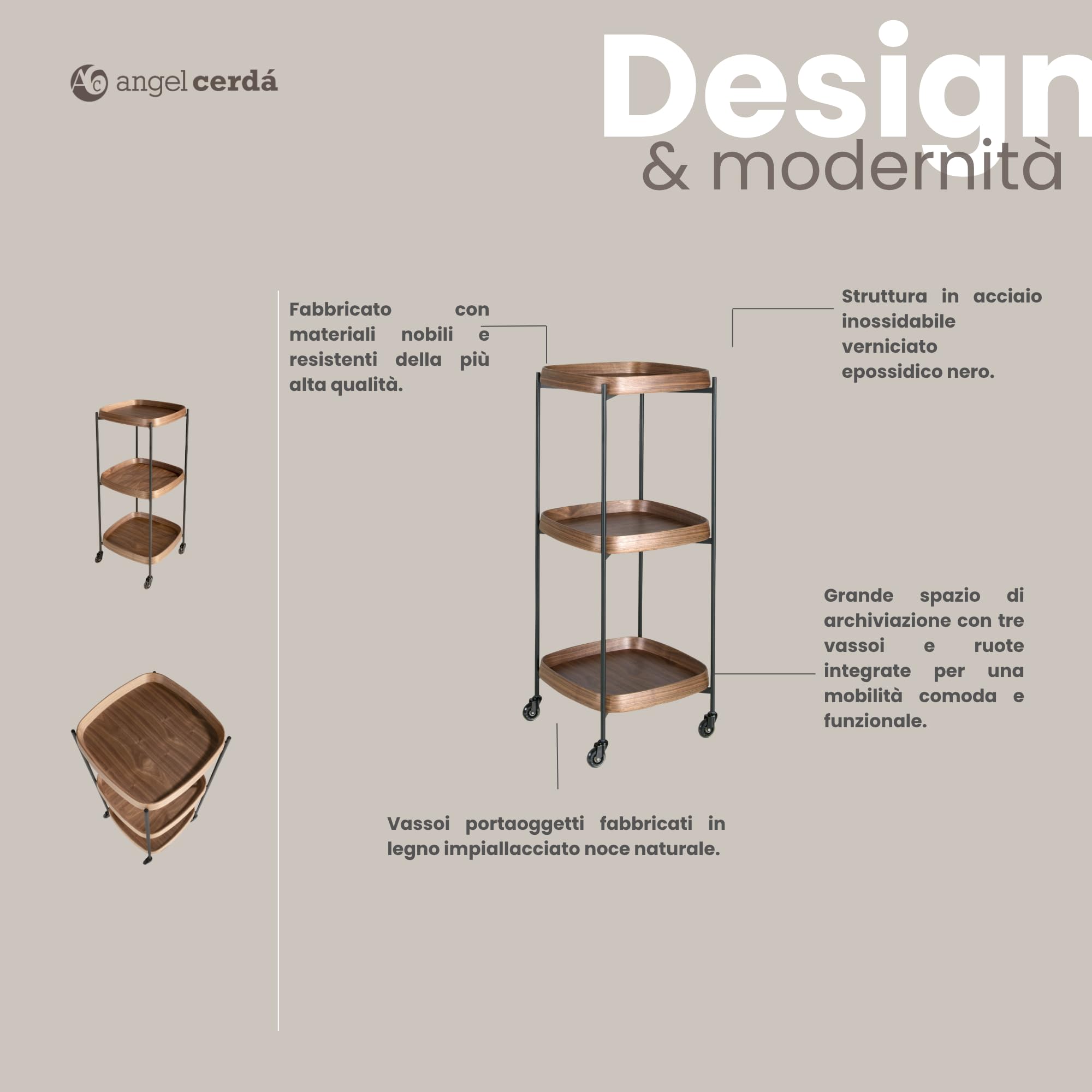 Angel Cerdá - Carrello minibar, modello 3291, 3 ripiani in noce naturale, struttura in acciaio nero epossidico, 50 x 50 x 124 cm, con ruote