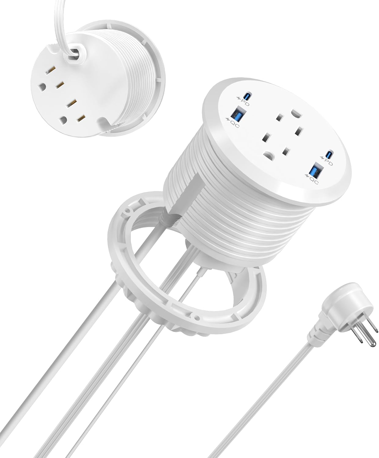 Jgstkcity Power Strip,Flush Mount Recessed Power Grommet,65W USB C Fast Charging,3-Inch Hole, 4 Outlets & 4 Ports, Ideal for Desktop & Countertop Outlet,Dual-Sided (White, 6FT) (Pack of 2)